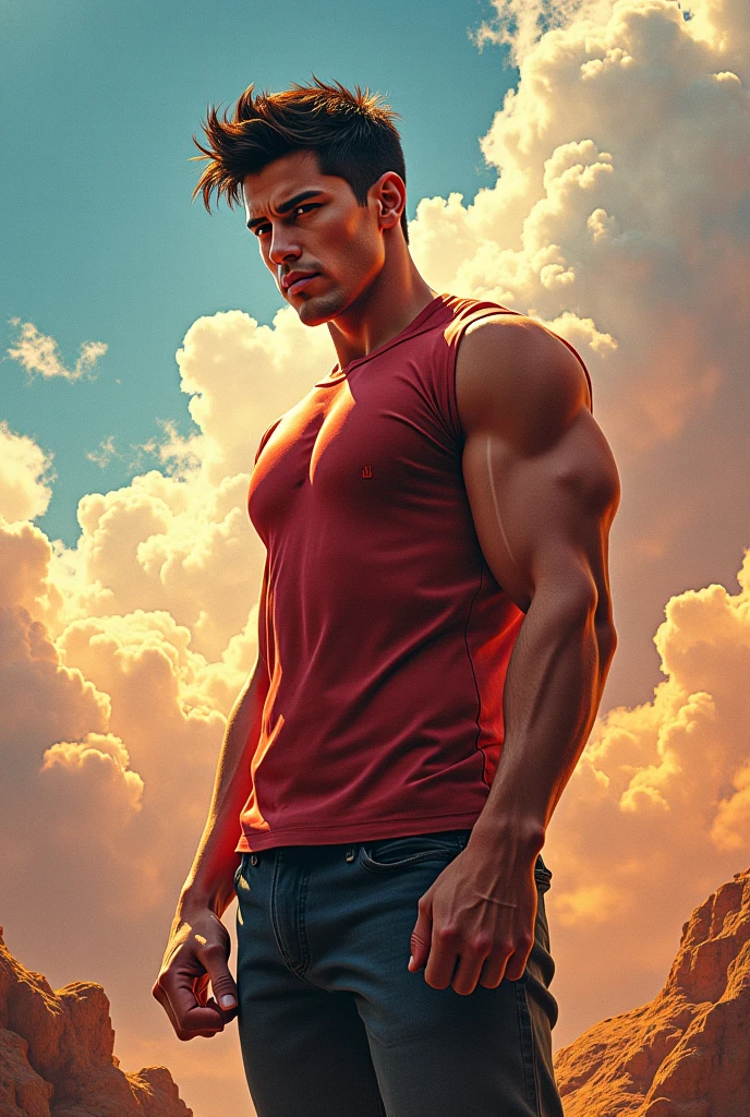 Create an image of a handsome man who has muscles ( not so much) beautiful hair and that it is short ( its polish) srealista , with coloring ,with shadow and light, the hair can be black and his body should be visible, but in motion, he can move his arms slightly or move slightly sideways , make the face look like Eunhyuk's from the drama "Operation Love" , but make it realistic,
that he is young and that his whole body, legs and feet can be seen, but their legs should be seen and Eunhyuk is not Chinese