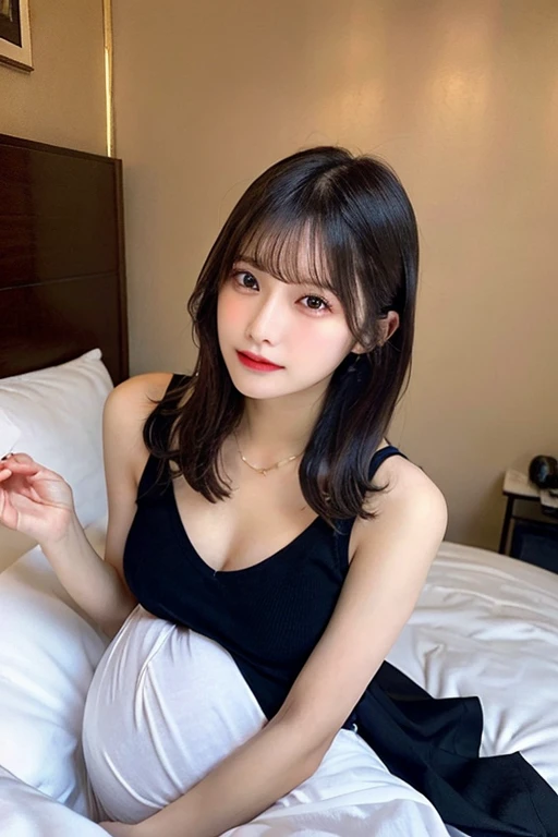 masutepiece, Best Quality, Illustration, Ultra-detailed, finely detail, hight resolution, 8K Wallpaper, Perfect dynamic composition, Beautiful detailed eyes, 1girl, long hair, black hair, bangs, selfie, indoors, mirror, smartphone, in the room, tank top, undone clothing, cleavage, nail polish,