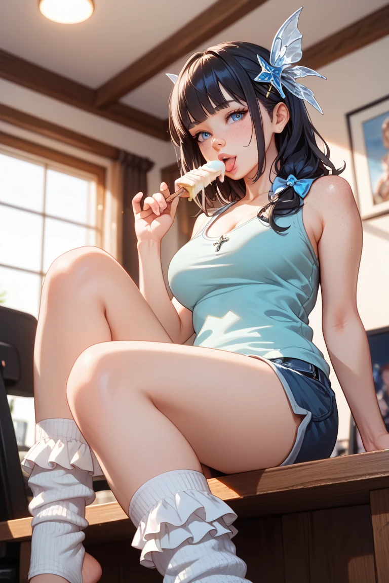 K-pop idols、Female Sexy、underwear、On the veranda、eating ice cream、sit down、Full sweat、drenched、She is wet