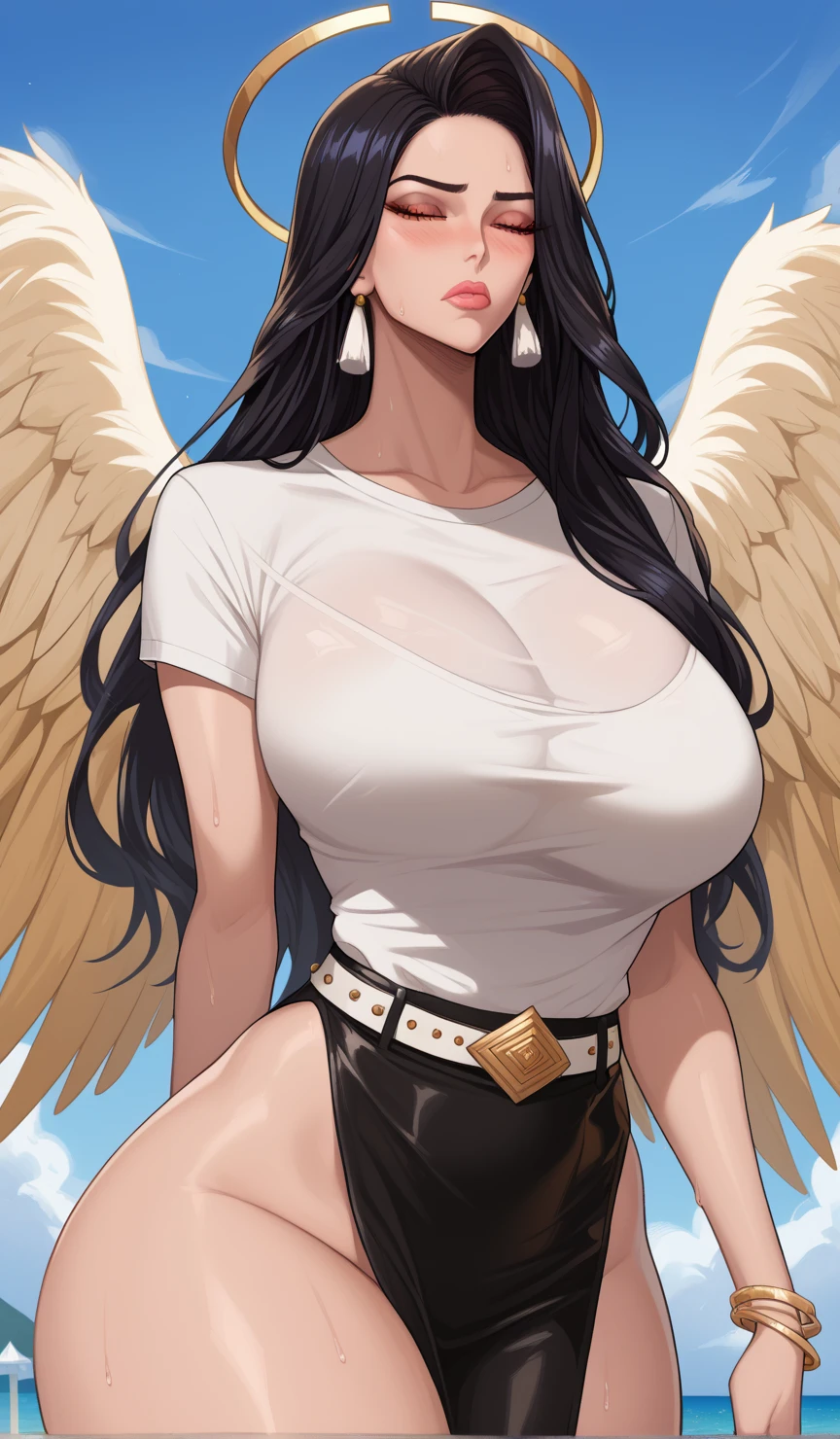 Hot sexy beautiful milf flying in sky ,black hair, necklace, red lipstick,heart tattoo on neck , heavy makeup, charming beauty, glowing shiny triangle earring , jawline ,blue eyes,smiling face, long messy hair ,long feminine eyelashes,golden uniform,white shirt tucked underneath a closed, white trench coat, black leather pants, golden lining ,belt,pockets,hair pins,badge,wrist classical watch,bangles,female accessories , exposing cleavage, divine,white archangel wings,big breasts ,angel ring,white light, heavenly light, glowing body,shiny view, body aura,neck chain,ear chain, tattoo , breathtaking,braid hair,iron clothes , details body,shirt collar, muscular body