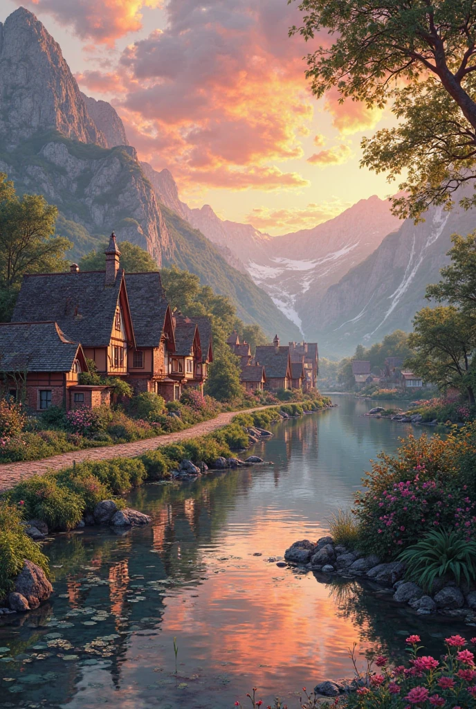 a small village by the river, mountains in the background, floral flowers colorful, detailed landscape, Beautiful natural landscapes, atmospheric lighting, scorching sunset, warm colours, practical, photopractical, Detailed Foliage, complex buildings, cobblestone street, Charming country house, swirly vibrant colors, lush vegetation, Still water reflections, Picturesque, idyllic, work of art, best qualityer, 8k, extremely detaild,anime styling