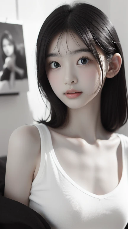 (masterpiece), realistic, (portrait of a girl), beautiful face, sunlight, cinematic light, bangs, a beautiful woman, beautiful eyes, black hair, perfect anatomy, very cute, princess eyes , (black eyes) , (frame the head), Centered image, stylized, bioluminescence, 8 life size,8k Resolution, white low-cut dress with small blue details, human hands, wonder full, elegant, approaching perfection, dynamic, highly detailed, character sheet, concept art, smooth, facing directly at the viewer positioned so that their body is symmetrical and balanced, stunningly beautiful teenage girl, detailed hairstyle,