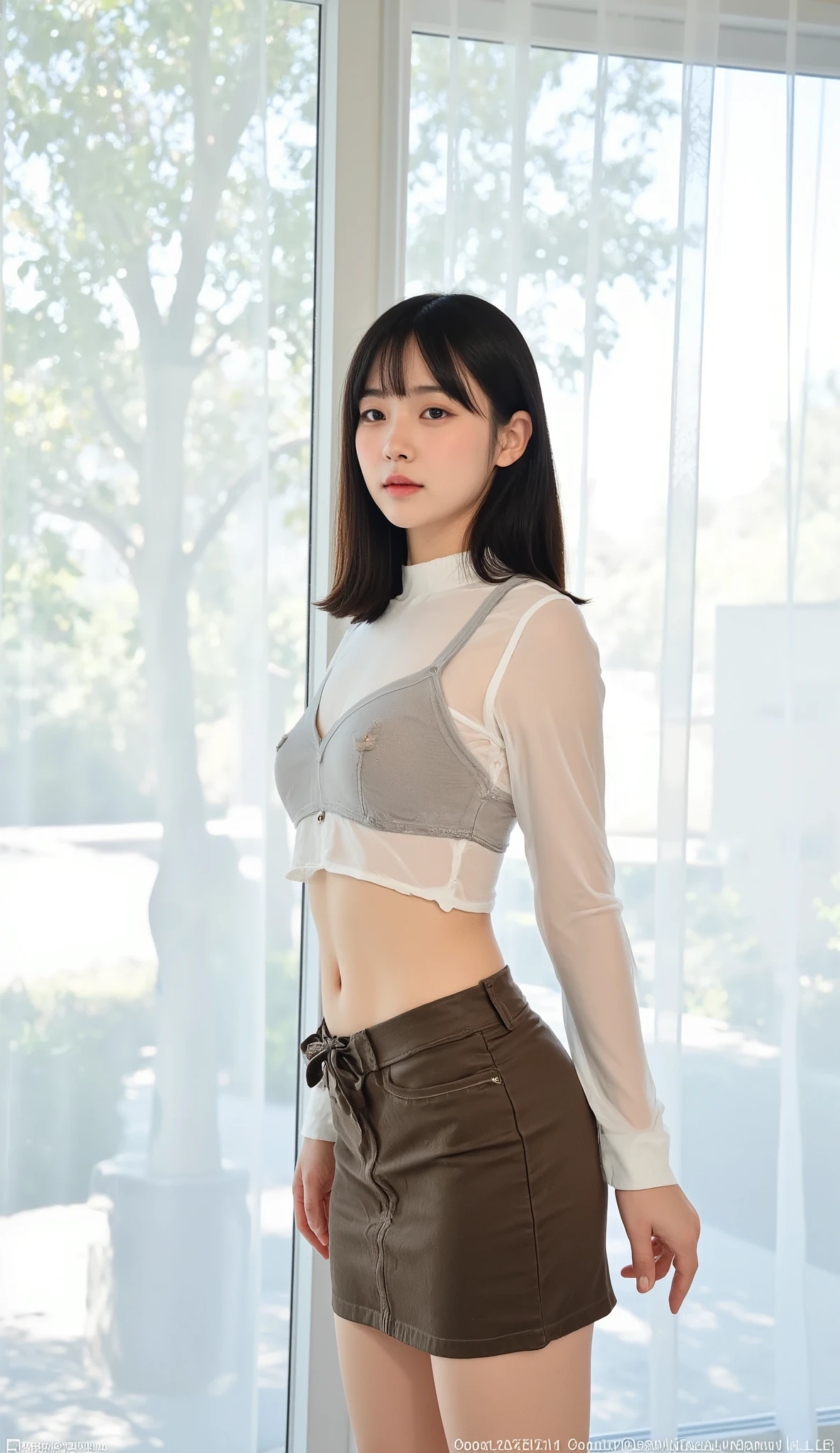 ((small underboob)), fluffy straigh hair,Hair draped loose，（Extremely meticulous CG 8k wallpaper），（Extremely refined and beautiful），（Masterpiece），（best qualtiy：1.0），（Ultra High Resolution：1.0），beautiful light up，Perfect lightning，realistic shaded，[A high resolution]，Smooth and flawless fair skin，Extremely exquisite facial details，（perfect body：1.1），ultra - detailed，A beautiful girl，a seller，small head，(small breasts:1.1)，flat chests，slim，thin，slender waist，Smile，cheerfulness，（black long sleeved dress:1.1），bare back，Black silk stockings，White sandals，Summer，midday, in shade，at a crude and dilapidated market，In the shed，Sitting on a chair behind A stall selling mooncakes，many mooncakes piled up like mountains on the stall，Close Shot，Surrounded by a crowded crowd，back towards the viewer，back of head towards the viewer，Looking in the opposite direction of the viewer，The figure's silhouette