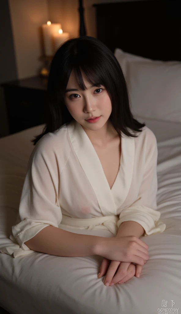 (masutepiece, Best Quality:1.4), Beautiful face, 8K, 85 mm, absurderes, ((Dark bedroom in the hotel))、(Wearing a thick white bathrobe:1.4), ((cowboy  shot:1.5))、((Shot from below:1.4))、violaceaess, gardeniass, Delicate girl, Solo,(((extremely short hairstyle:1.5)))、Night, Looking at Viewer, Upper body, Film grain, chromatic abberation, Sharp Focus, face lights, Professional Lighting, Sophisticated, (he looked at me with a frightened expression:1.4), (Simple background, Bokeh background:1.2), Detail Face、Afraid、terrified expression、Screaming