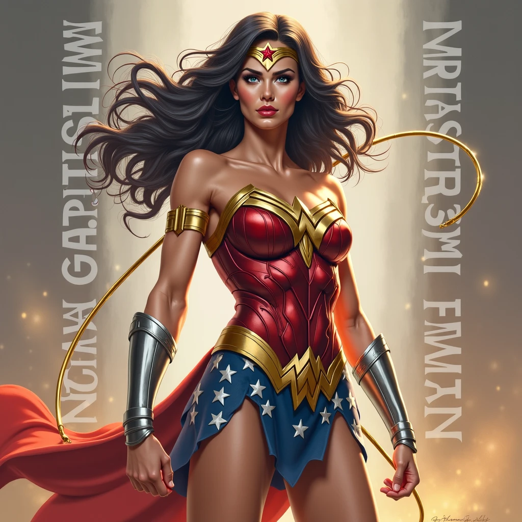 There is a poster of a wonder woman in costume, A Wonder Woman, (intricate detail, makeups), (detailed beautiful delicate face, fine beautiful delicate eyes, a face of perfect proportion), (Glossy skin: 1.0), fine detailed skin, strong and realistic blue eyes, middle length wavy black hair, lip, makeups, Natural skin texture, tiara, red and gold bustier, blue leotard with white stars, silver bracelets, (Red knee high boots:1.2), golden belt, (Wonder Woman clothing:1.0), bare shoulder, ((light tan skin: 1.4)), mature, Sexy, elastic muscles, (Muscular: 1.2), ((strong and healthy body)), ((((the more) Muscular))), Long leg, curved, (Big breasts: 1.3), cleavage, rib, thin-waist, soft waist, (fine detailed skin), (beautiful and sexy woman), (swollen lips: 0.9), (eyeslashes: 1.2), very delicate muscles, perfect body figure, perfect anatomy, perfect details, perfect fingers, perfect limbs,Corey Loftis (Cory Loftis) style of, Inspired by Vincent Lefevre, Style of Kyrill Kotashev, Pulp Style Poster, Yoji Shinkawa : : portrait of a, Works inspired by Lev Lvovich Kamenev, Poster Illustration, OFFICIAL PRINTING, Karl Kopinski(Karl Kopinski)Inspired by,((Magazines:1.3)), (((cover-style:1.5)))