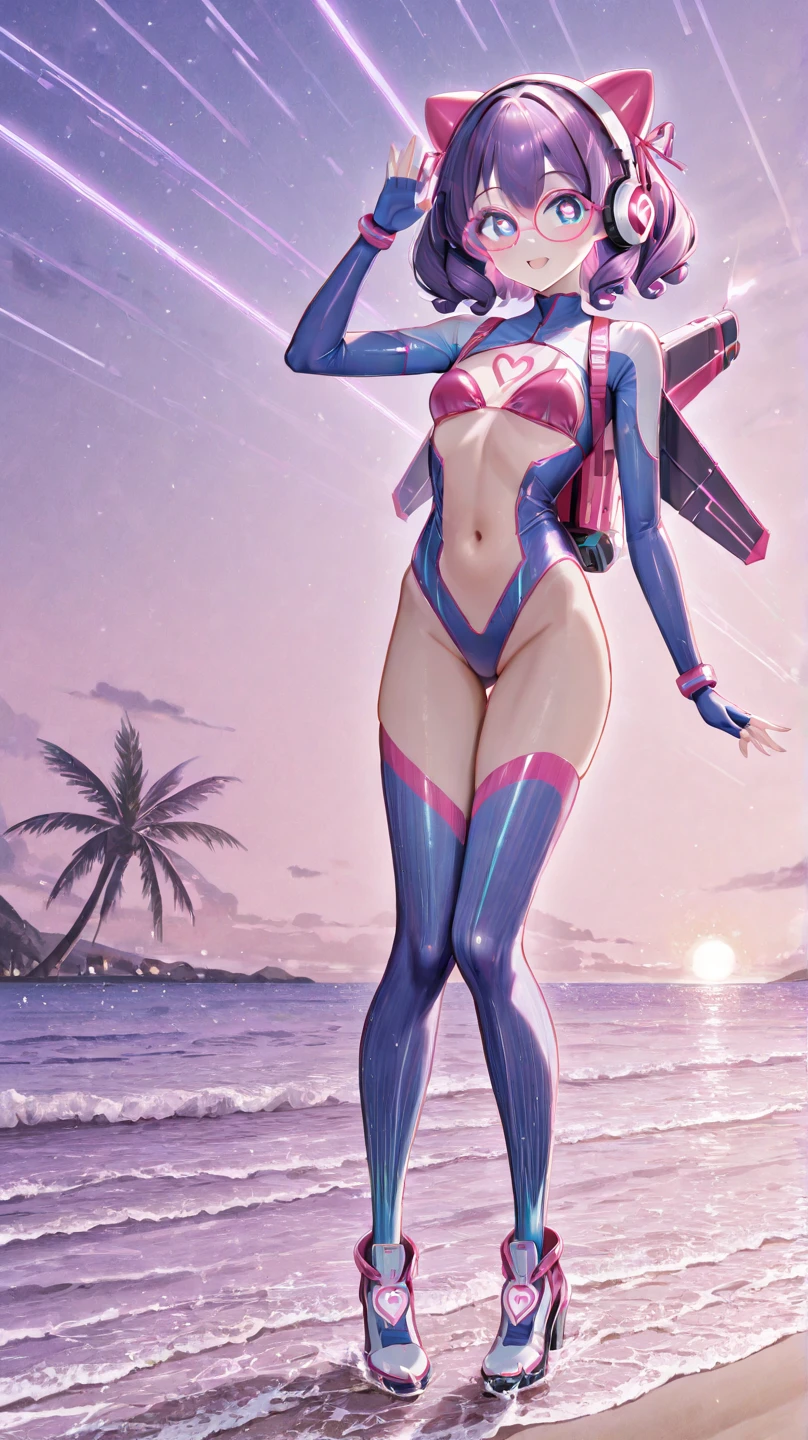 1girl,solo,D.Va,headphones,long hair,brown eyes,choker,glossy lips,pink lips,highres,masterpiece,perfect ligthing,bloom,cinematic lighting,perfect skin,female,narrow waist,skinny,detailled eyes,blue eyes,bikini beach,