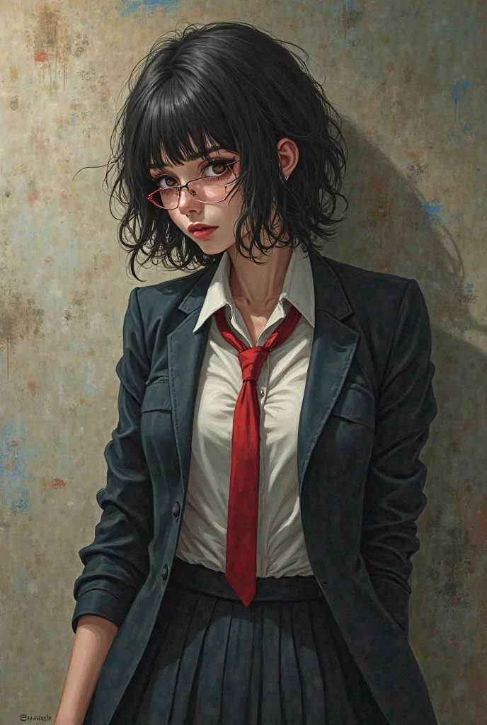 (Masterpiece), (Best Quality), (highly detailed), (persona 5 art style), a woman in her 20s, unkempt hair, bags under eyes, tired eyes, unkempt, loose fitting school uniform, exhausted, against wall, flirtatious male, 