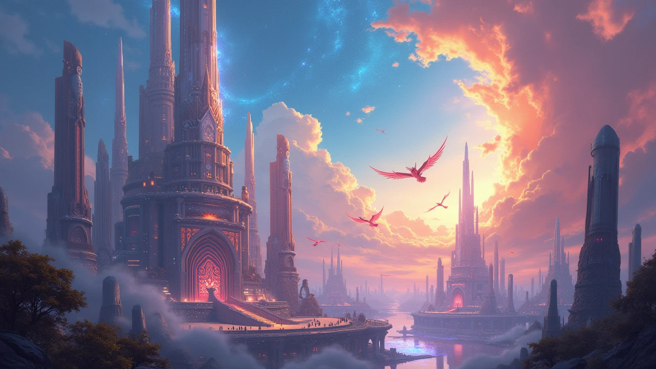A futuristic divine city with tall mystical towers reaching into a vibrant cosmic sky, flocks of ethereal birds soaring through swirling colorful clouds, majestic and otherworldly fantasy atmosphere.