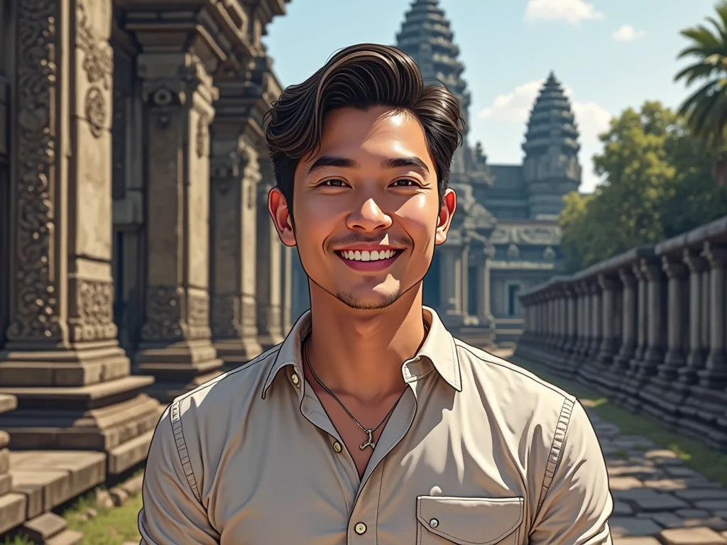create facebook art portrait funny natural picture handsome Asian guy with  Angkor Wat temple background