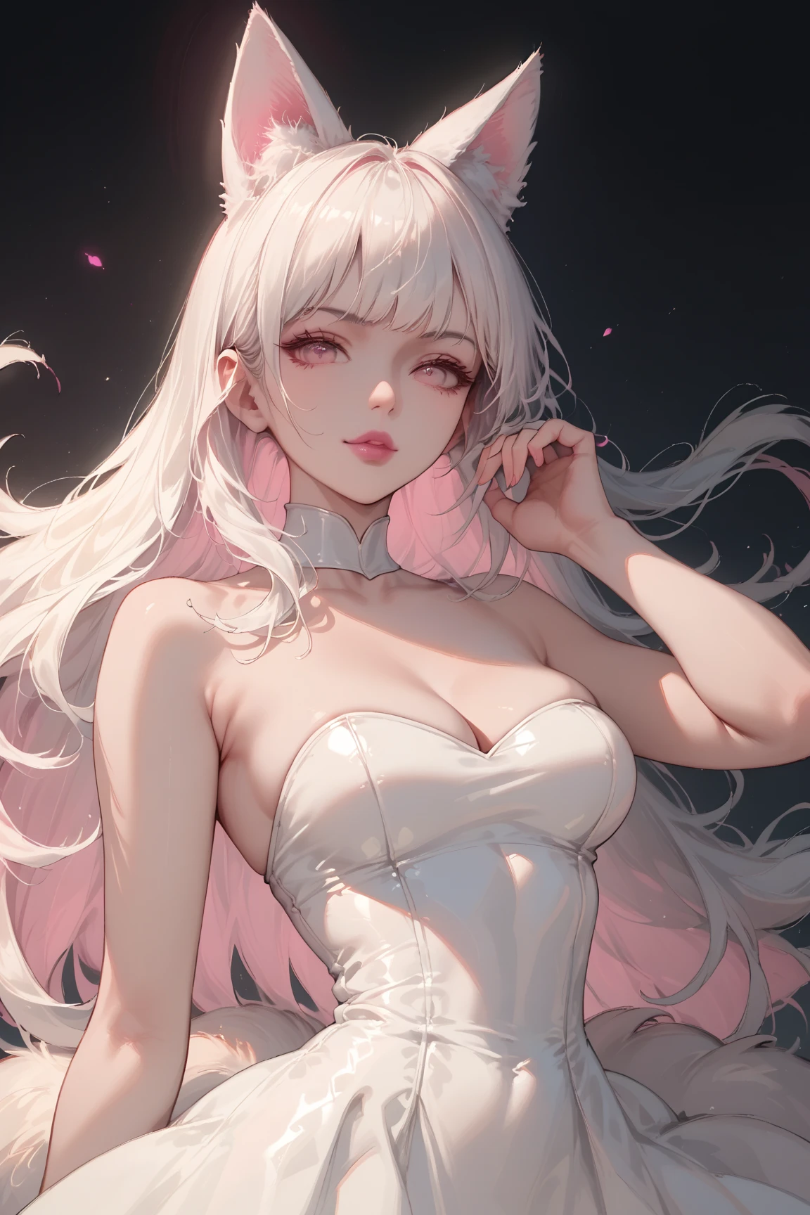 Close-up of a man with bunny ears and a skirt, ahegao, Top rated on Pixiv, guweiz, White cat girl, White hair deity, Attractive anime girl, White hair, Popular topics on artstation pixiv, guweiz on pixiv artstation, White hair lady, White Rabbit, Neferpitou, Digital Art on pixiv