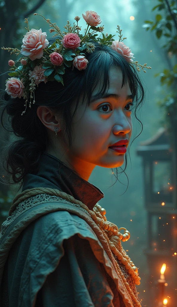 A young Satanichia Karimizhi, With her enormous complacent eyes she looks very attentively at the ants that come out of the tea cups that have geometrically impossible shapes and decorated with fantastic shapes., and showing the fierceness of Chinese ceramics, everything as if it were a dream by Tim Burto
