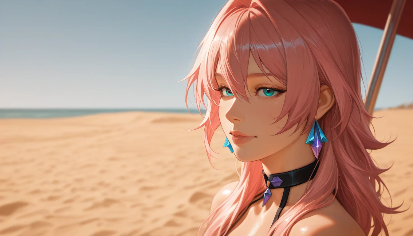 View your viewers,Lips parted,
alone,
hand,One person,Pink Hair,Braiding,Yellow Eyes,
Medium chest,
Completely naked,
sunset,smile,Kneel,Tilt_forward,indoor,