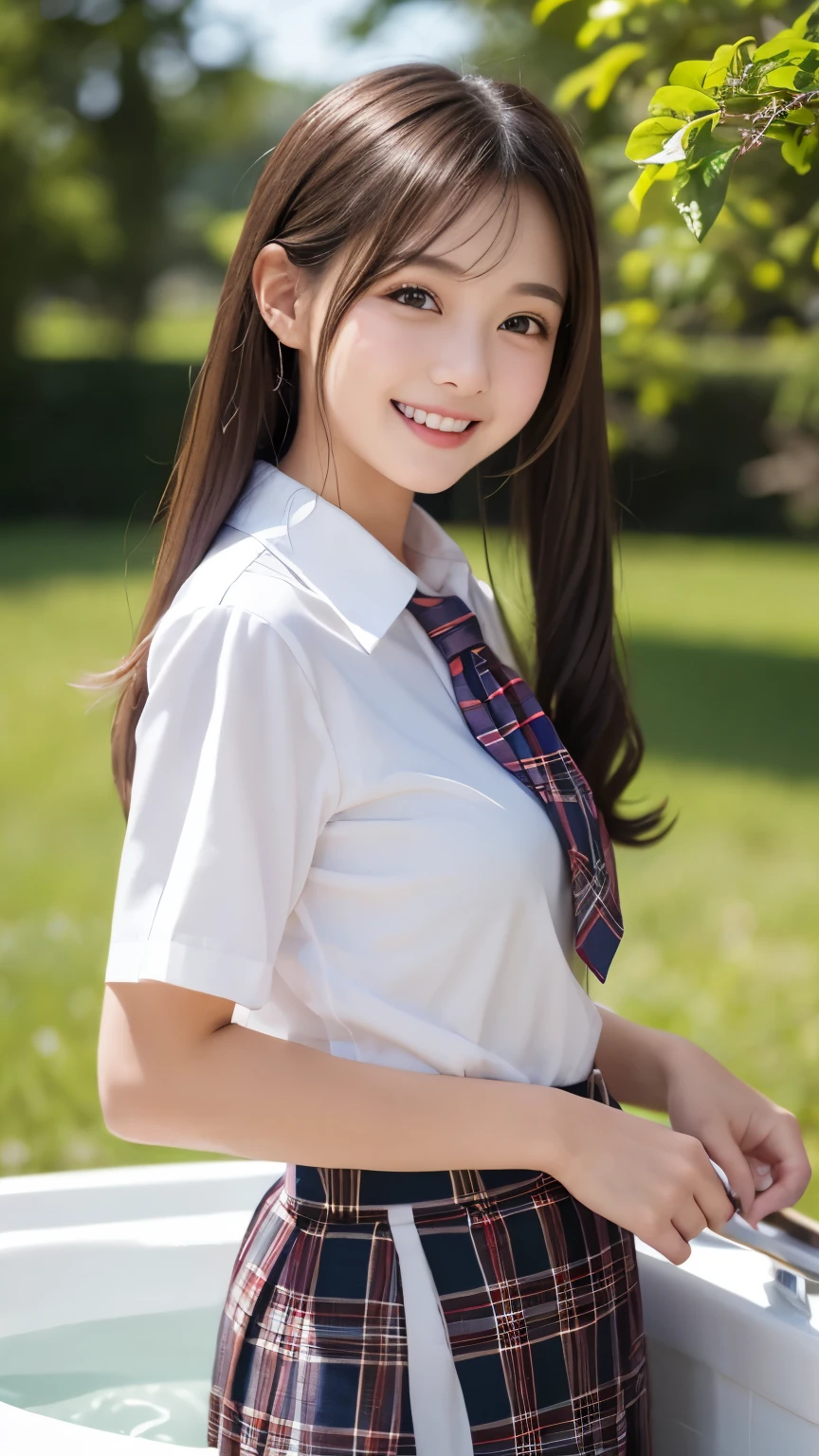1young girl, laugh shyly, (highly detailed eyes, highly detailed hair, highly detailed face), extremely detailed CG unified 8k wallpaper, Highly detailed, High-definition raw color photos, Professional Photography, Realistic portrait, Cinematic Light, Bangs, (Beautiful breasts), (High school uniform with wide open breasts:1.1), (Pleated mini skirt:1.2), hair blowing in the wind, (no panties), outdoors, lush park, fountain, sitting, bench, spread legs wide open, (((Bokeh))), depth of fields,