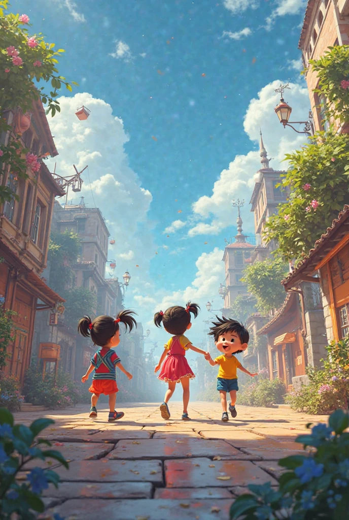 CREATE A COMMAND OF A PROFESSIONAL IMAGE IN WHICH THERE IS A HUMBLE STREET WITH HUMBLE CHILDREN PLAYING TRADITIONAL GAMES AND BEING HAPPY.