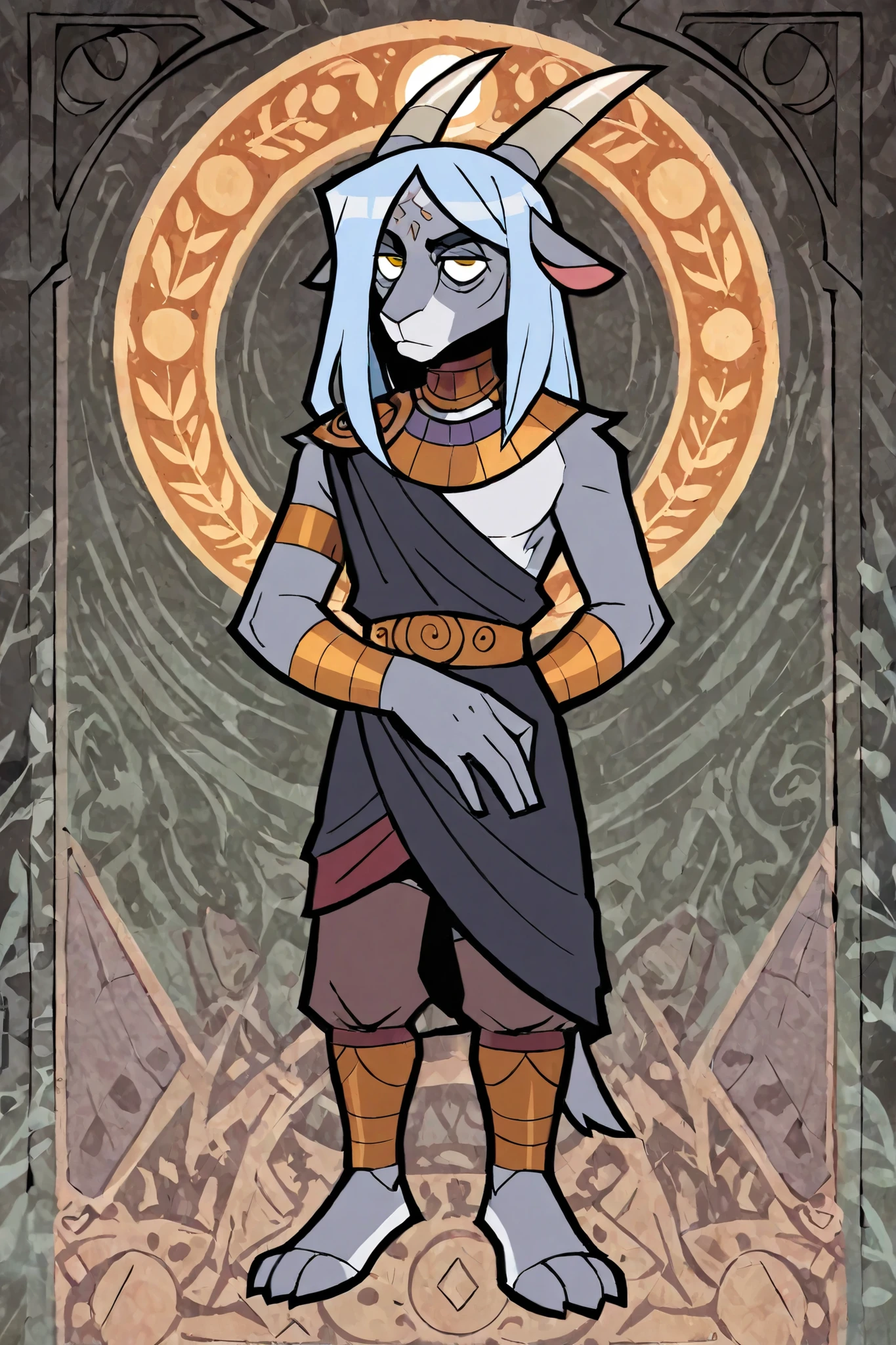 black goat, furry, male focus, light blue hair, yellow eyes, black tunic, Greek style, similar to Hades, full body