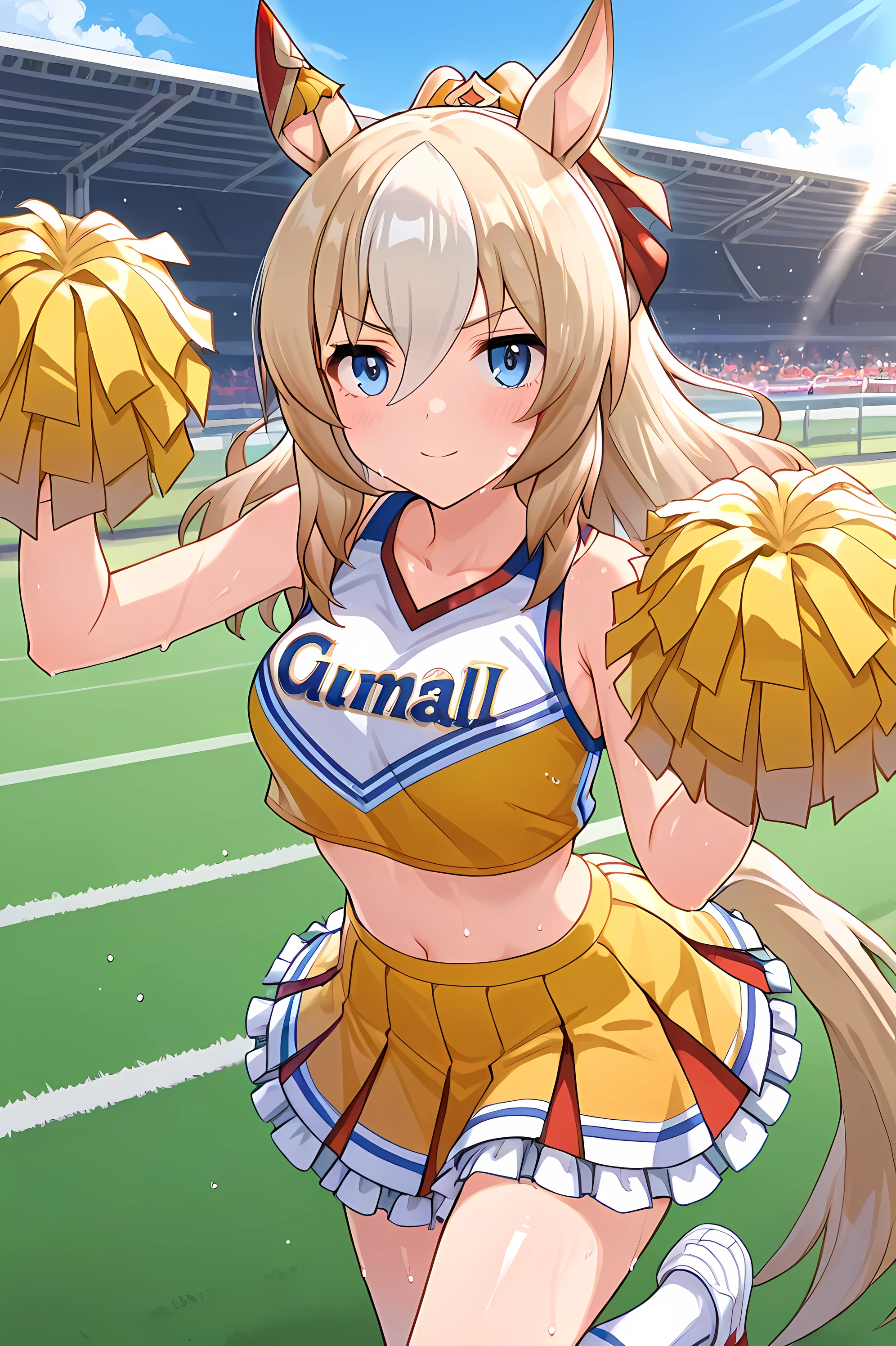durandal \(umamusume\),(((masterpiece))),(((detailed)))((best quality)),((hyper detailed)),(beautiful),((shinythighs)),(((shiny skin))),(high quality skin),((8k)),((high resolution)),yellow and white Gingham color cheerleader with many frills,light smile and embarrassed,blush and very sweaty,holding large pom-poms in both hands,cheerleading pose,dynamic pose,hands up,standing on one leg,contrapposto,Lawn on horse racing track,sunlight and sunbeams,morning light,bright light,light sparkles,from front,eye level shot,close-up and low angel,cowboy shot,looking at viewer