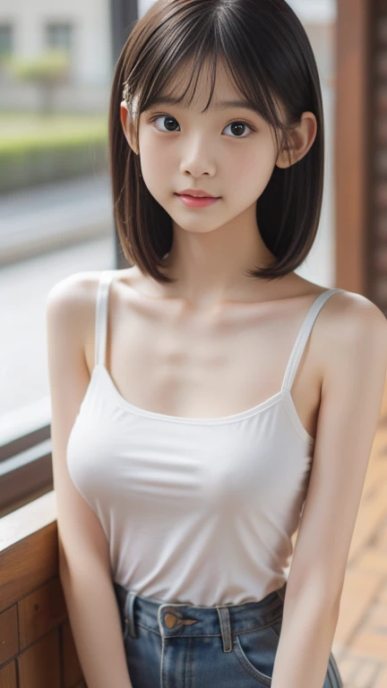 Lens: 135mm f1.8, (highest image quality), (tabletop: 1.1), (beautiful Japanese junior high school girl), (moist lips), slender eyes, double eyelids, delicate collarbone, flat chest, short cut, underdeveloped breasts, (Let's look at it again), (close:1.4), Embarrassment, faint smile, (spotted sunlight: 1.2), dramatic lighting, (completely naked), (tanned skin: 0.2), full body photo, neat honor student, very and slender figure