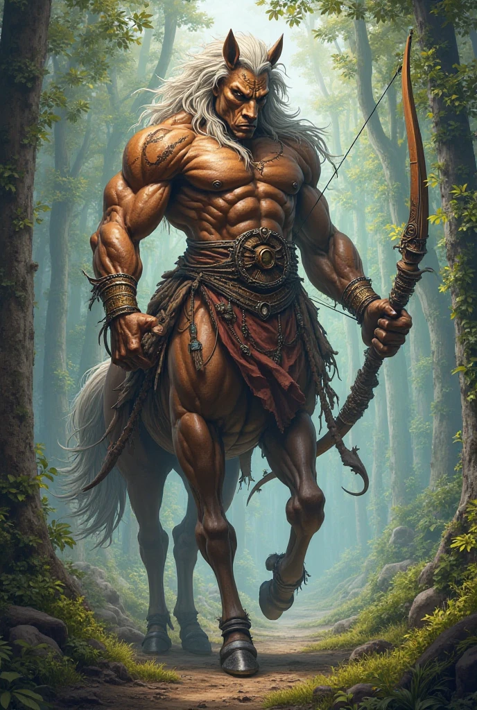 A Centaur with characteristic Horse Head wearing loin cloth in A Old Forest At Night,dynamic and imposing pose, Anthro, Horse head, Muscular human torso, Ripped muscular, furry, tattoos tribal