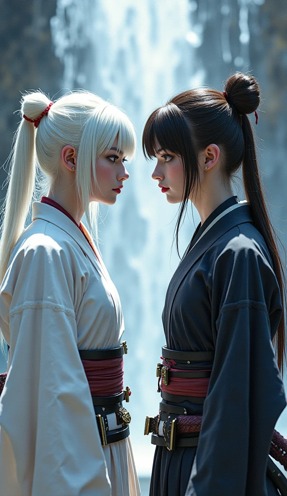 Create an art in which a white-haired woman with 3 katanas one of her eyes is black, She is facing another woman with dark brown hair and she has one of her eyes completely white and uses fans as a weapon. They are facing each other, looking at each other as if they were about to fight., Behind them there is a waterfall and they are facing each other with their whole bodies