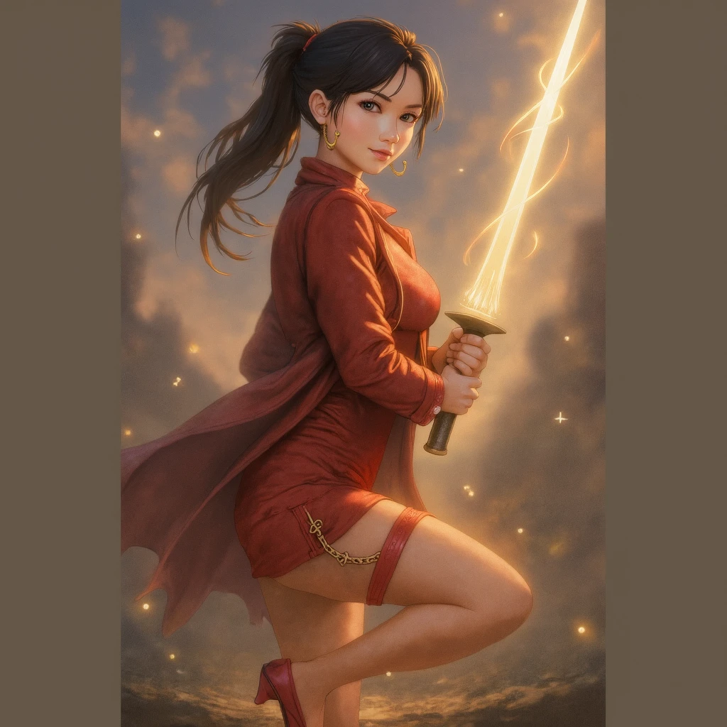 ((best quality)) ((best quality)), ((masterpiece)), (detailed), 4k image, anime style, beautiful woman, fair caramel skin, symmetrical face, cherry pink plump lips, blood red eyes, African looks, soft athletic body, small breasts, toned thin and slender body, slim waist, short height, sleek hair tied in a messy bun, sleek reddish-brown hair, wide hips, phoenix eyes, small nose, tight form-fitting Egyptian robes and battle armor, one girl only, full body image, back to the wall, one girl only, brown skin, holding a sword