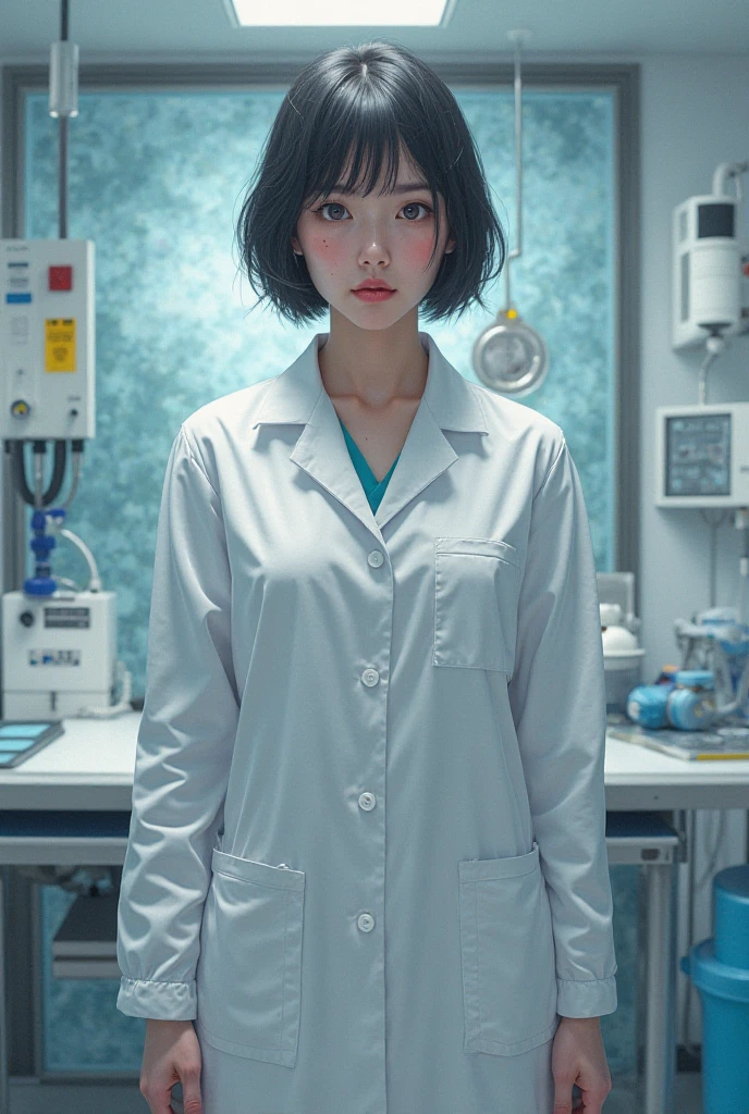 beautiful doctor, wear a doctor's uniform, black hair, there were a lot of injuries on his face. Back ground inspection room. Gambar 4d. Ultra hd. 16k.