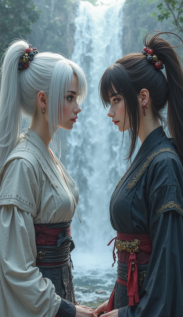 Create an art in which a white-haired woman with 3 katanas one of her eyes is black, She is facing another woman with dark brown hair and she has one of her eyes completely white and uses fans as a weapon. They are facing each other, looking at each other as if they were about to fight., Behind them there is a waterfall and they are facing each other with their whole bodies, Create in Dark Fantasie style