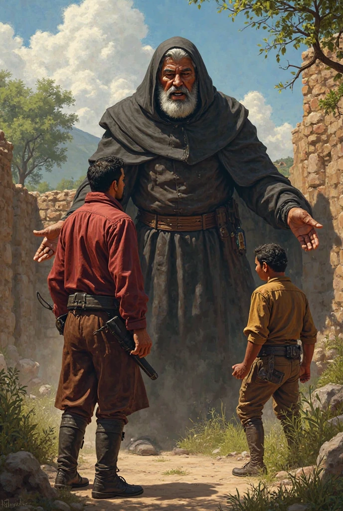 Ibarra steps forward, his expression hardening upon seeing padre DAMASO who is shouting to the peasant with anger