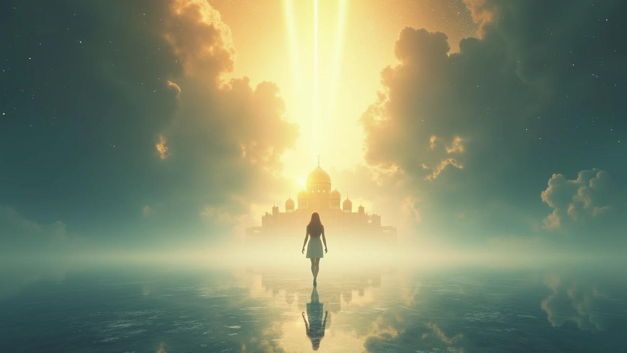 A figure walking on a reflective surface towards a city of golden domes, bathed in ethereal light descending from the heavens, spiritual energy guiding the path — peaceful, divine presence.