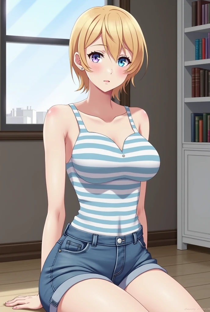 (one girl, 1girl:1.1), (solo:1.3), (cowboy shot:1.2), (cleavage:1.1), (tank top), navel, (flustered, blush, nose blush, ear blush:1.3), looking at viewer,(big breasts:1.3), long eyelashes, detailed eyes, (light blue eyes:1.2), (brown hair:1.2), (short hair, forehead:1.2), (bob cut:1.1), (naughty face, smile:1.2), (denim shorts:1.2), (White background), (striped_thighhighs:1.3), black_thighhighs, crossed legs,