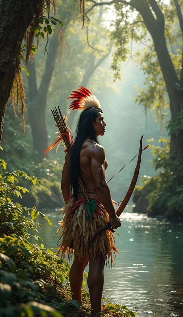 Orisha Oxossi in black shooting seven arrows , with feathers on the head
