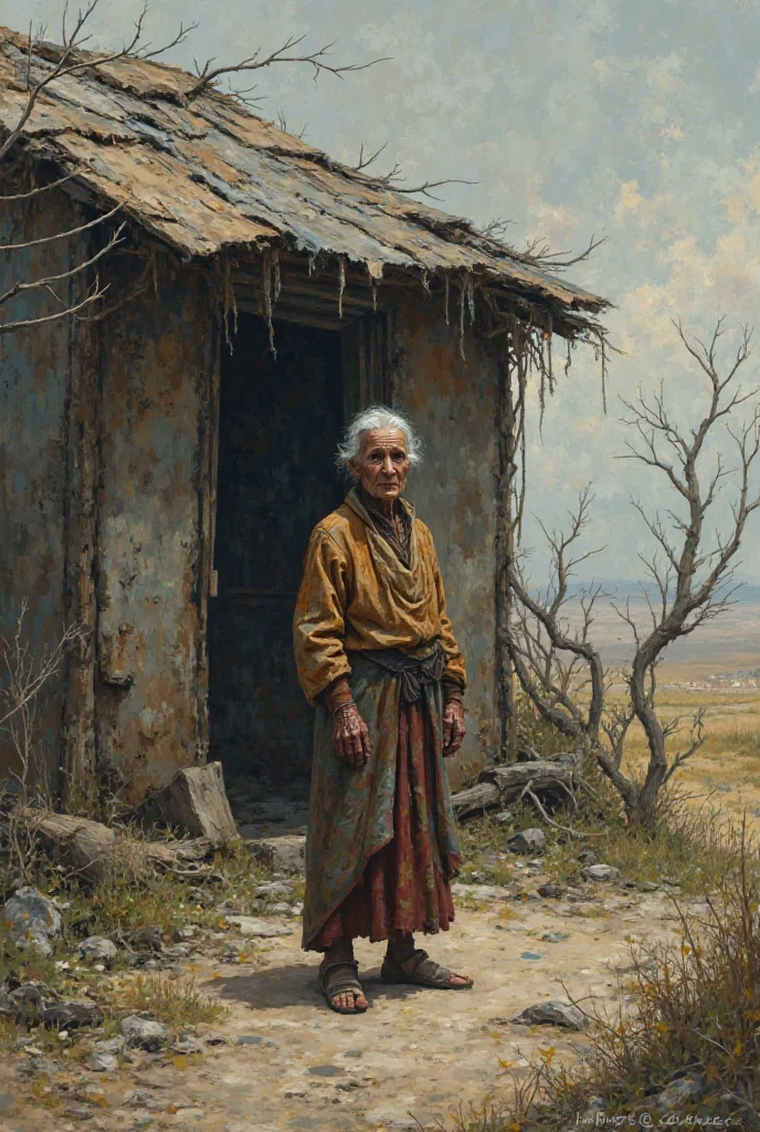 An old woman named Moni lived alone in a worn-out hut."