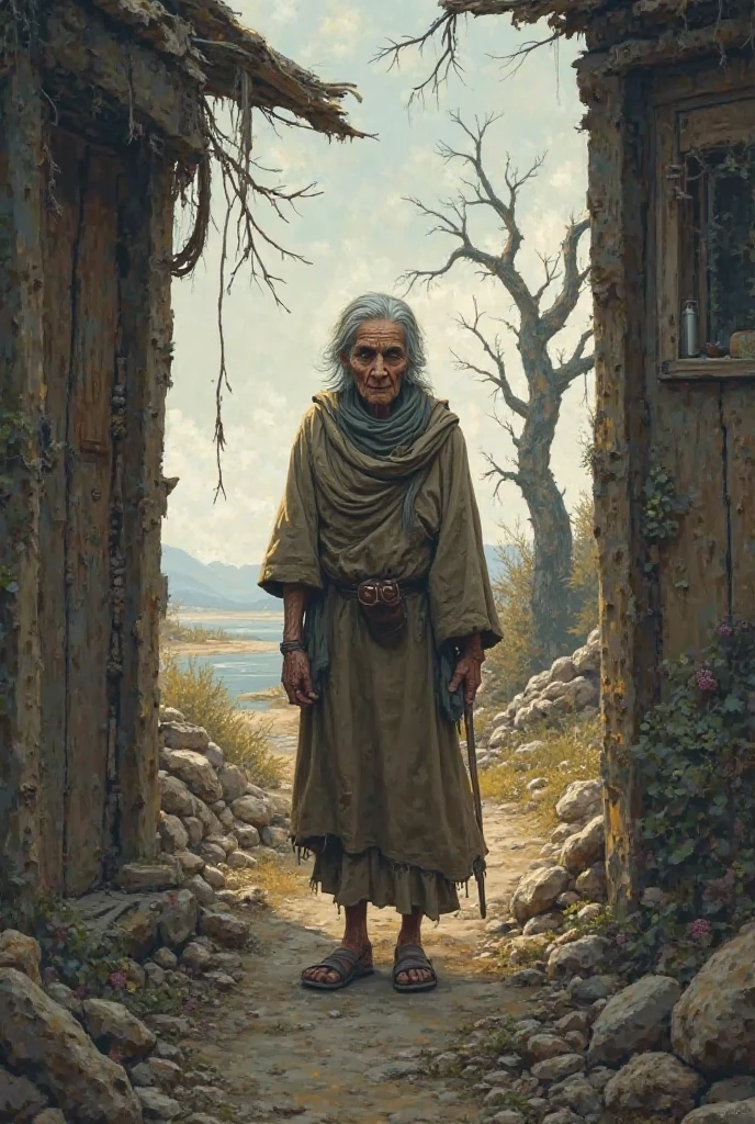 An old woman named Moni lived alone in a worn-out hut."