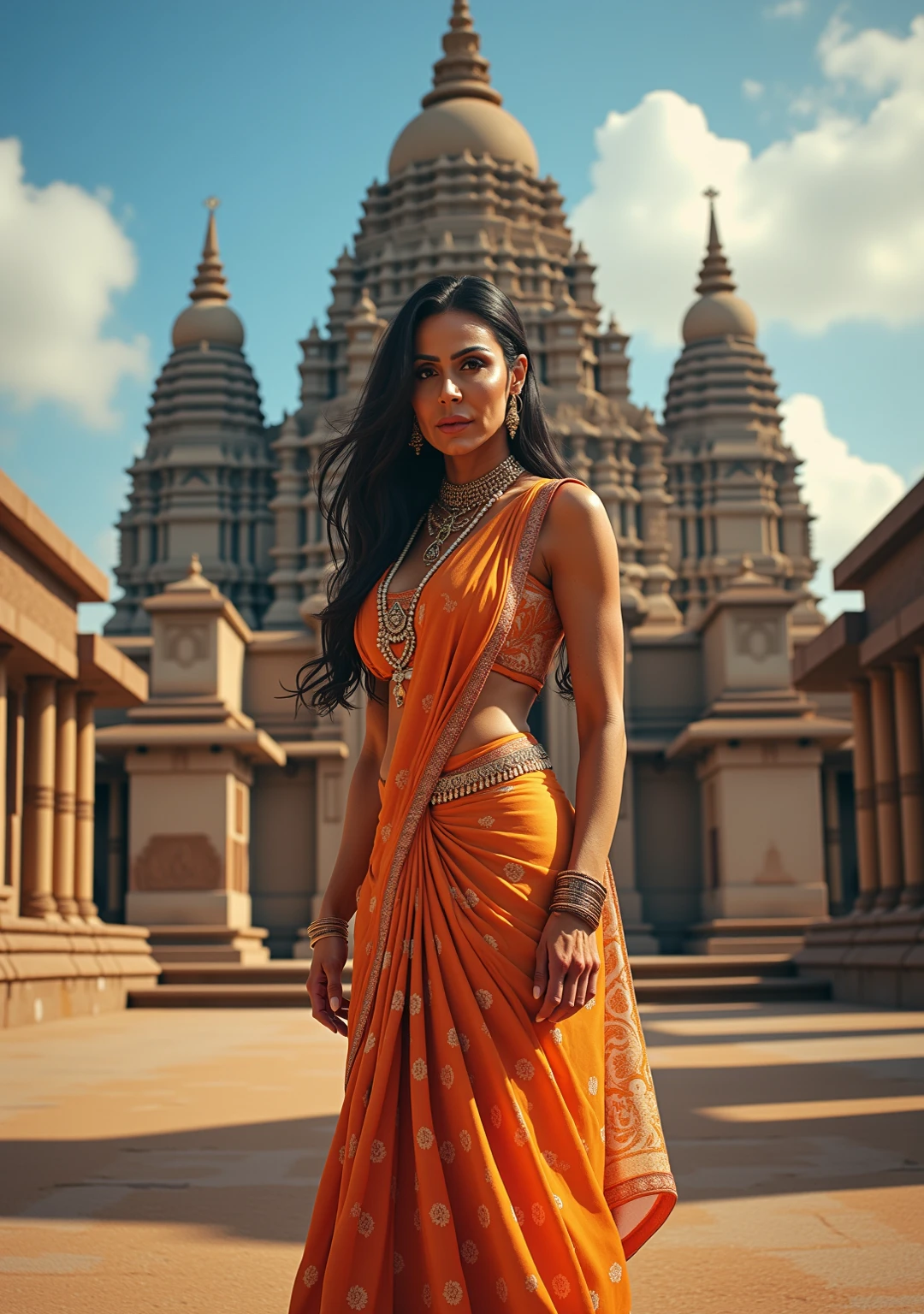 A depiction of an Indian superheroine named RADHA. She is wearing a unique superhero costume that incorporates traditional Indian clothing elements. The costume should have vibrant colors like saffron, green, and white, symbolizing the Indian flag. The outfit features a combination of a saree drape with a modern superhero suit, blending cultural attire with a superhero aesthetic. Zara has long, flowing hair and a confident, powerful stance. She is standing tall, looking heroic, with a backdrop of the Indian skyline.