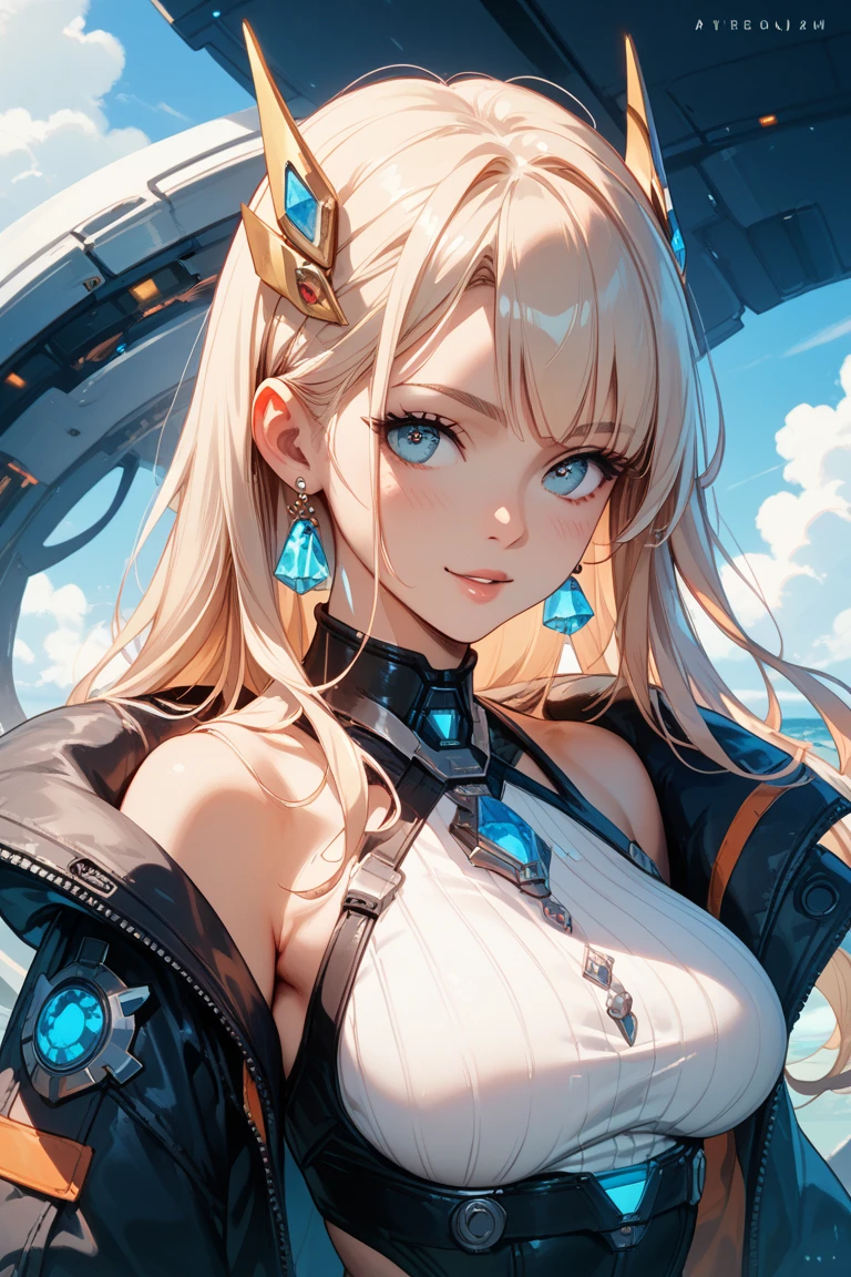 最high quality、best image quality、masterpiece、with a girl((18-year-old、Cosmic Metallic Armor、vest bust、bust 90、blonde、semi-long、shining eyes、open your  wide、valley、happiness、Luminous Chain Accessories、put on headphones、Cosmic Accessories、lighter weight、best smile、Laser from both hands）high quality、visual art、With background(space、performer々、cosmo step piece、Best graphics、super delicate