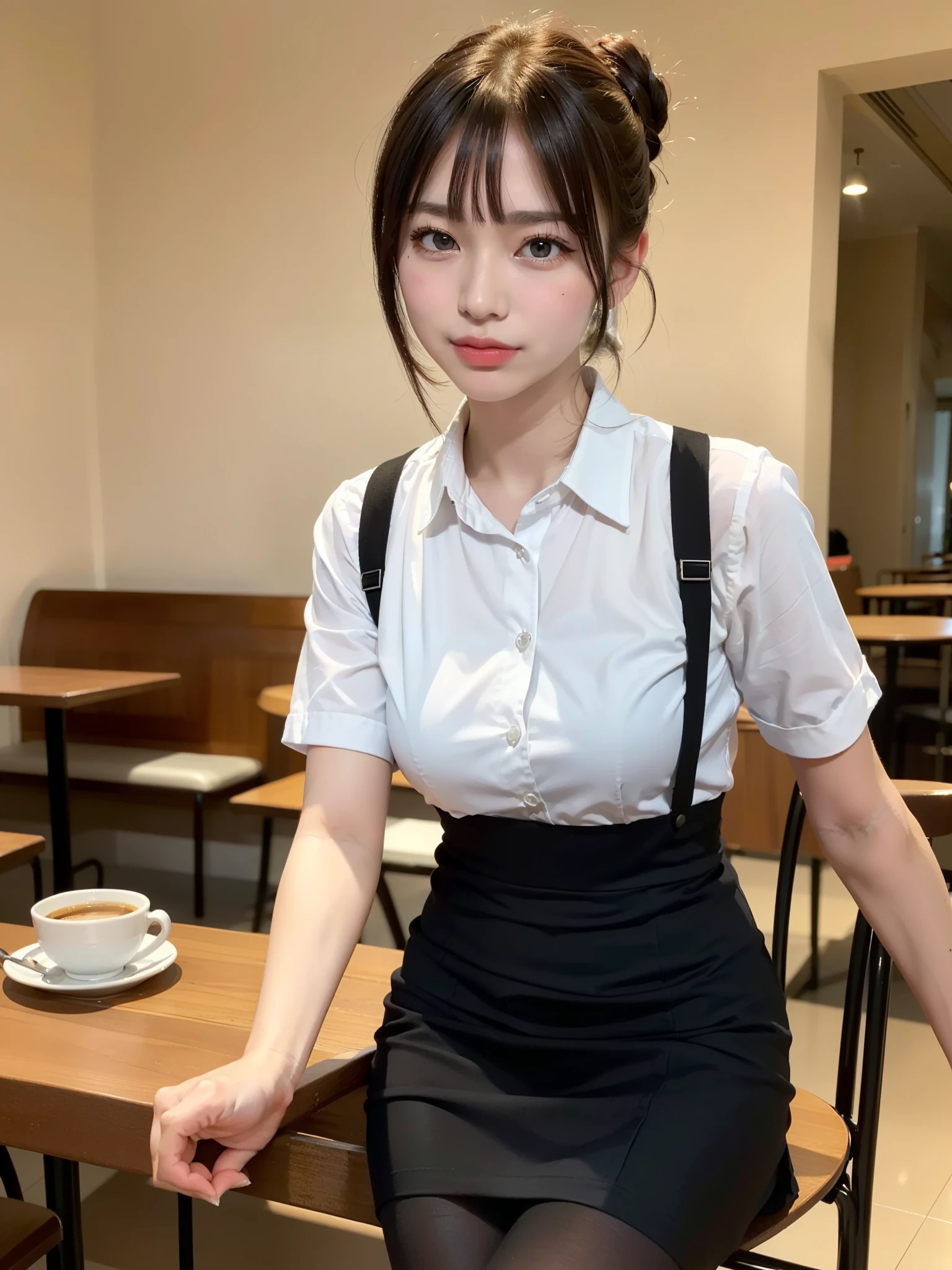masterpiece, best quality, illustration, Super detailed, fine details, High resolution, 8K,wall paper, perfect dynamic composition,(Details High quality, realistic depiction of eyes:1.3), waitress uniform, restaurant, huge breasts, short bob hair、black hair color, Big Natural Color Lip, (perfect body shape), crying a little、Harajuku style、20 year old girl、cute type、lolita、beautiful legs, focus on crotch, full body photo, gravure idol
