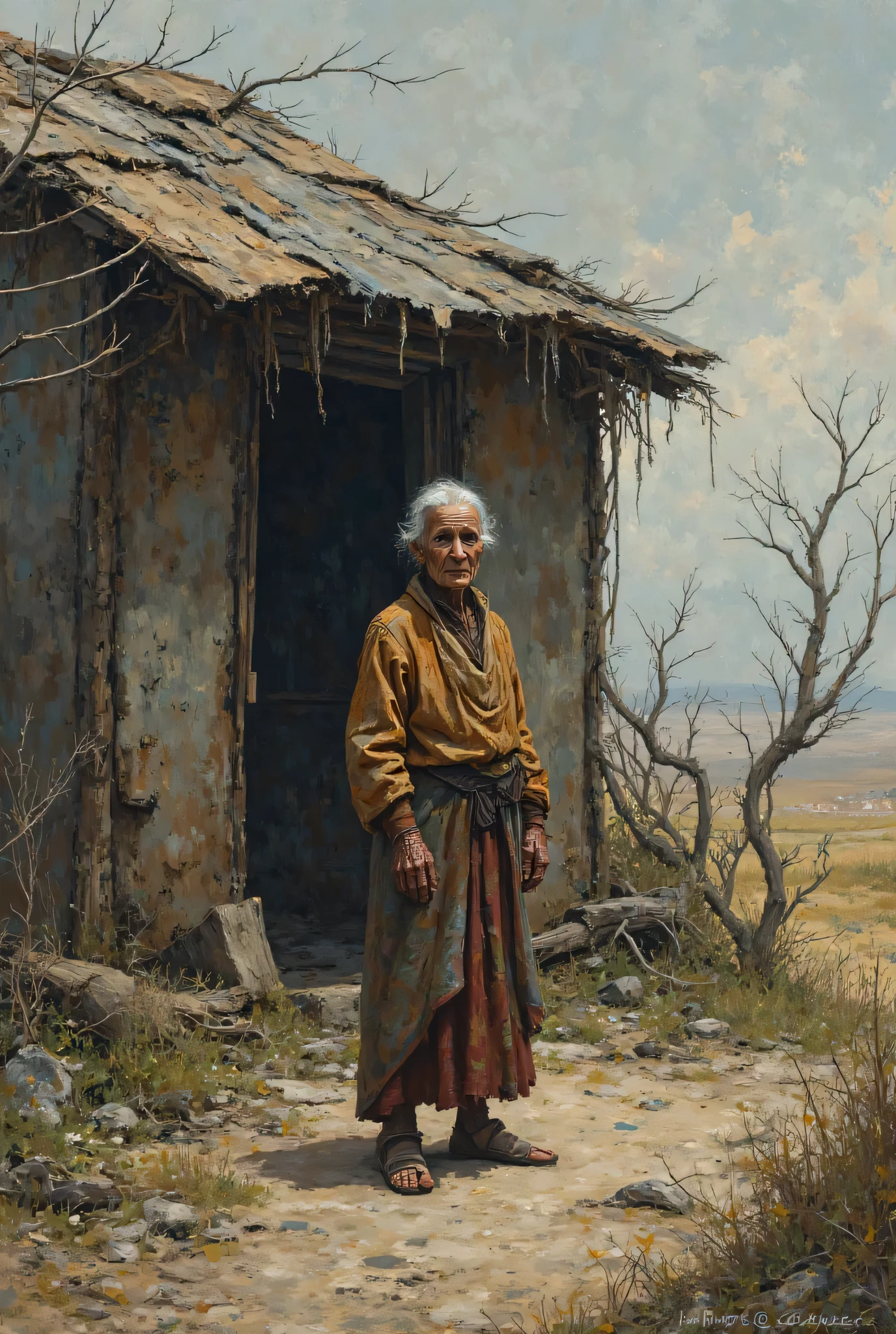 An old woman named Moni lived alone in a worn-out hut."