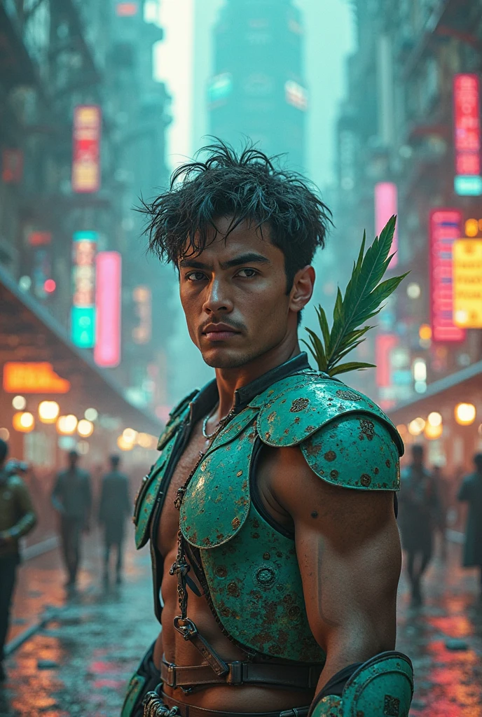 A courageous young warrior, wearing light jade armor and quetzal feathers. His mission is to protect the city and fulfill his destiny. But in a modern futuristic version 