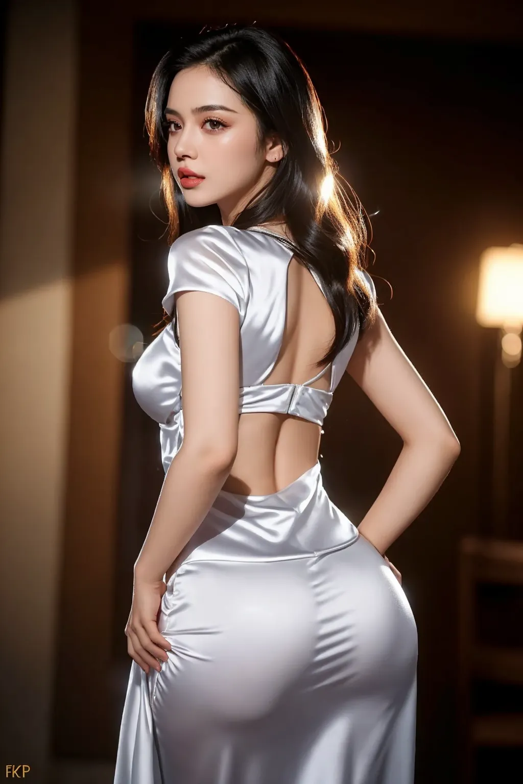 8K, Master piece, Raw photo, Best quality, Photorealistic, Highly detailed CG Unity 8K wallpaper, Depth of field, Cinematic light, Lens flare, Ray trace, (Extremely beautiful face, Beautiful lips) , beautiful eyes), intricately detailed face, ((super detailed skin)) 1 girl, back in darkness, deep shadows, looking up from directly below (under the crotch), wearing Chanel (reality), pencil miniskirt ,Shining pantyhose, long brown hair, (red eyewear: 1.1), slender body, realistic face, dramatic lighting, Louboutin 20cm high heels late at night, standing at a party venue, Design: Nanase Nishino