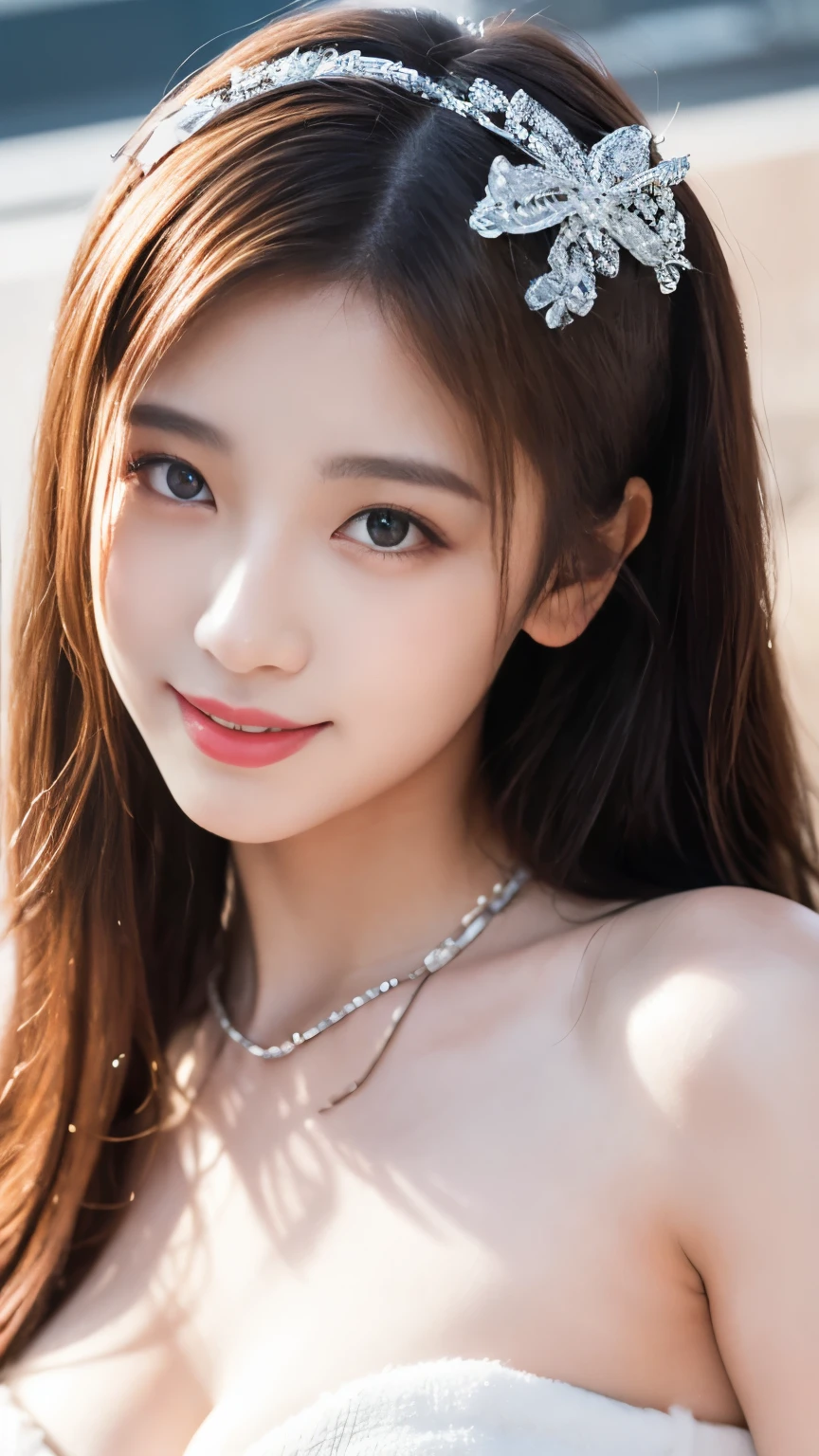 Highest quality， Ultra-high resolution， （Realistically：2.0），Cute hairpin，Gem Girl，（Flat Chest：1.2） ，Clear pink eyes,Royal Sister，Sunlight on the face，Big Wave Hairstyle，（Choker Necklace：1.2），（Fair skin：1.4），atmosphere，Beautiful girl， smile，Keep your head upright and look at the person watching， Cleavage close-up ，(Realistic:1.4),One person,sexy,(Upper Body:1.4),(Wet body),(:1.2), Red eyeshadow, Small animal face, Korean style