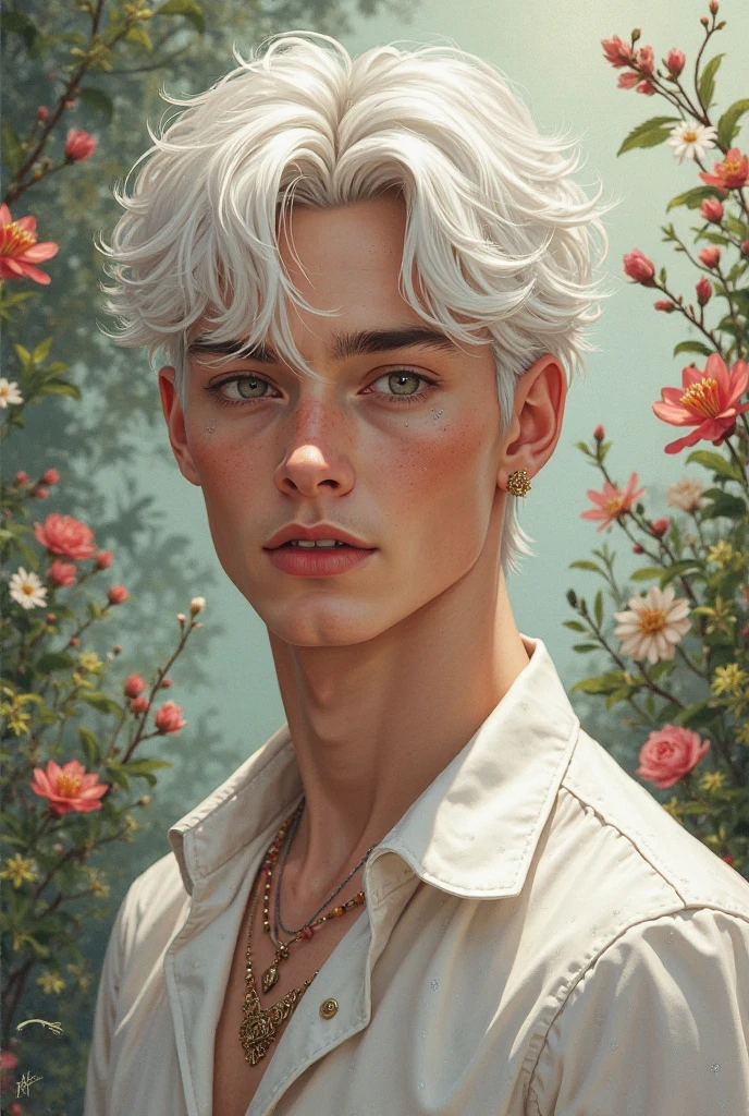 A young man with short white hair who look extremly handsome like young johnny depp. Wearing white shirt for flowery portrait