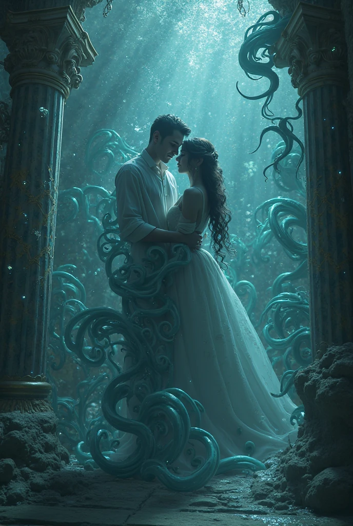 (best quality, ultra-detailed, 8k resolution, dark romantic fantasy, mysterious underwater atmosphere, ethereal lighting, bioluminescent glow, surreal tentacles emerging from shadows, delicate and flowing movement, soft mist and glowing particles, Cthulhu-inspired fantasy design, mythic and elegant, tendrils caressing architecture or figure, gothic elegance, deep ocean palette (indigo, emerald, violet), baroque textures, surreal organic forms, fantasy concept art style, atmospheric and alluring, dreamlike horror-beauty fusion
