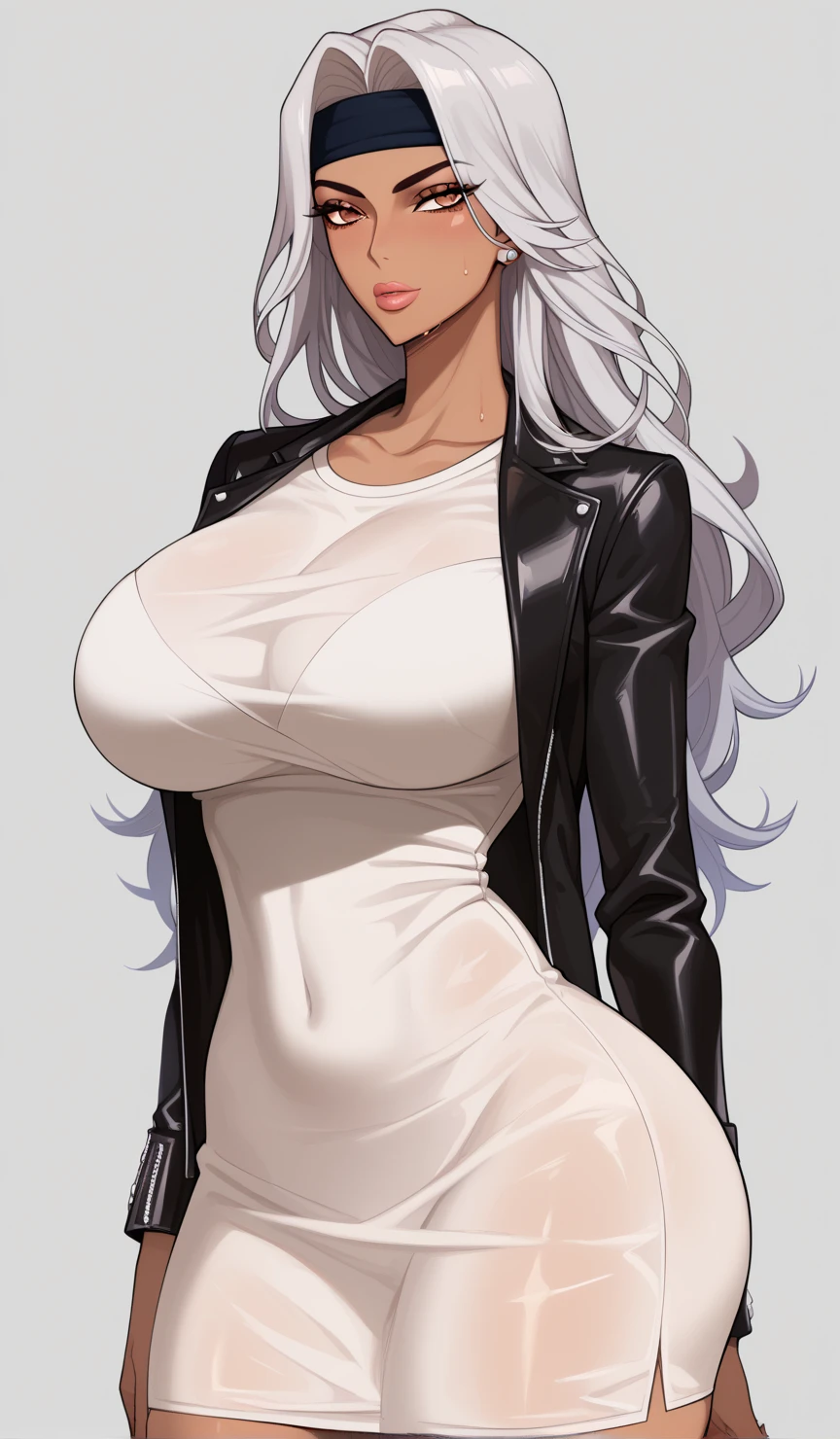 female, white long hair, red eyes, (((1girl))), (((black blouse))), (black choker), (white denim pants), (black belt), (black flats), huge breasts, huge butt, toned legs, gentle smile, full body, cleavage