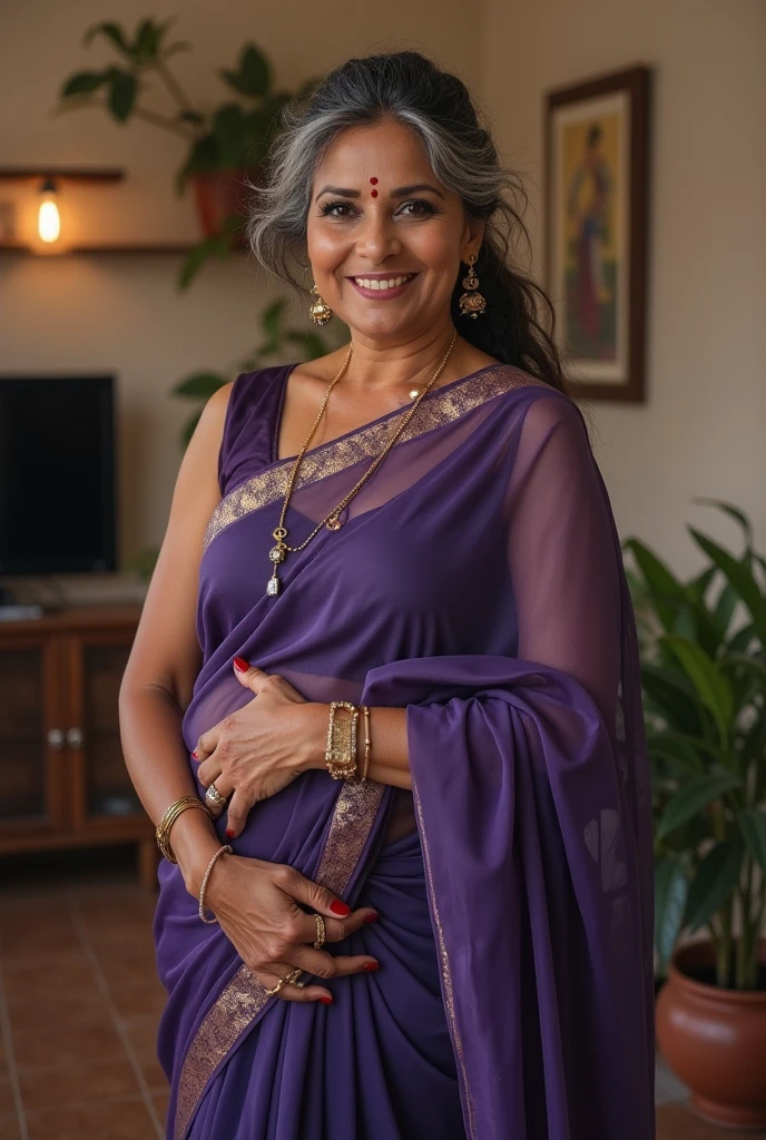 Mature Indian Woman、gray hair、Grandmother、smile、huge breasts、plump body、Purple traditional Indian ornaments and clothing、In front of a house in India
