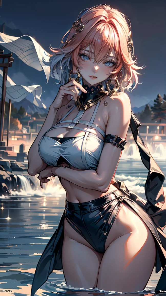 ((Moon Night)), (((Backlit painting))), ((Waterfall in the fog at night)), ((Japan-style architecture on the banks of a dark waterfall)), ((Next to a beautiful waterfall basin)), Japanese-style building with a terrifying atmosphere, , ((Sharp bewitching eyes))、((A sexy))、pale skin、(((1 girl in))), ((pale skin))、Melancholy beautiful face、((vulgar stupid face))、Sexy face、