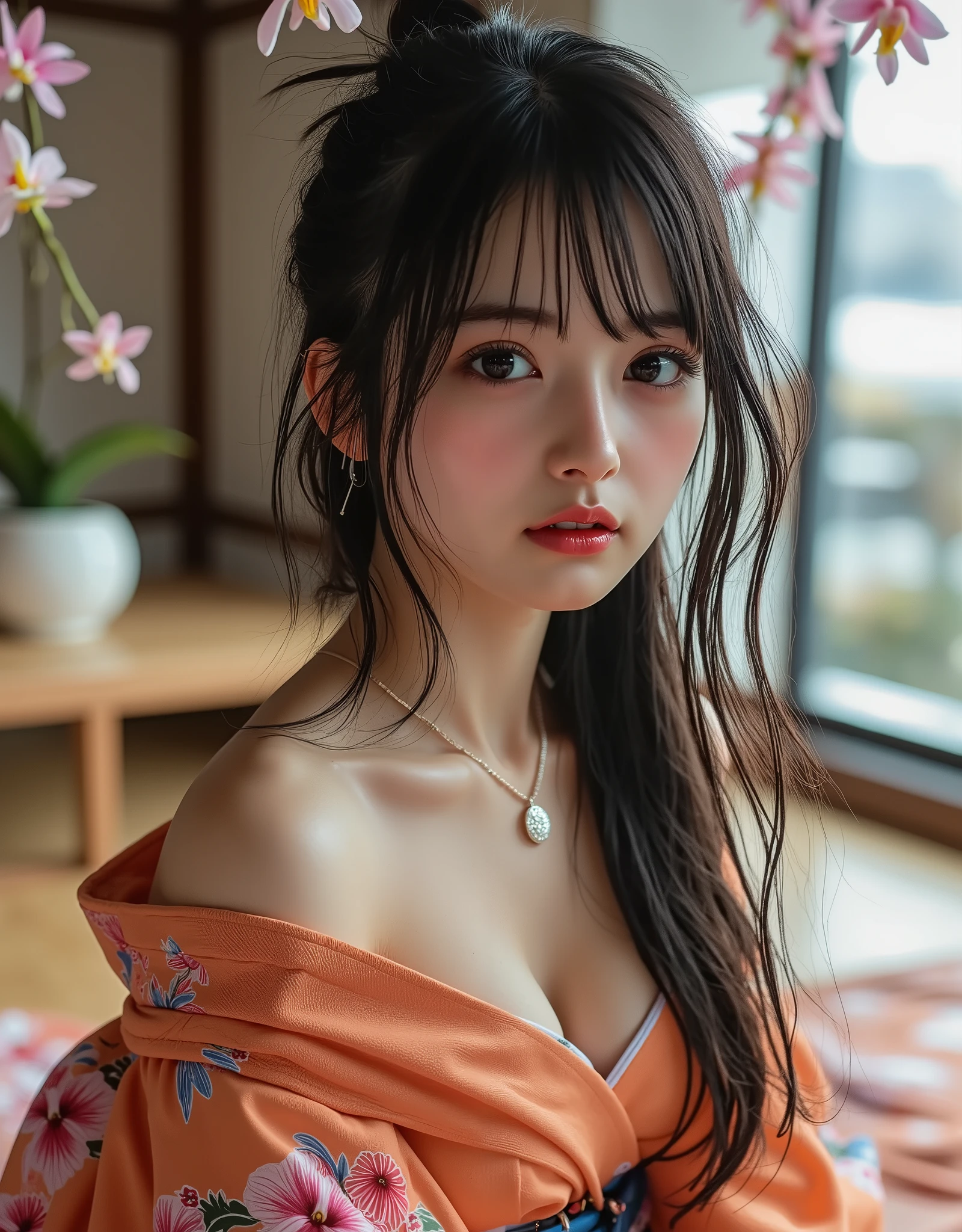 (Canon), (EOS R5), (50mm), (((photorealistic:1.5))), ( No Lens Flare :1.5), ((超high resolution)), (masterpiece), accurate, (realisticな質感の肌), Super Detail, High detail, High Quality , winning work, 最High Quality, 32K, depth of field, digital camera, Award-Winning Photos , (Professional bright lighting), ((最High Quality:1.5)), ((masterpiece:1.5)), ((realistic)), high resolution, (とても美しくて可愛い1 personの日本人女性), ((Upper body shot seen obliquely from the front :1.5)), (( upper body shot from head to knee :1.5)), ((( upper body shot with a beautiful and cute floral pattern with an orchid-like design :1.8))), ((half naked Japanese woman in a Japanese kimono)), ((Shot in an old Japanese-style house in Japan )), (( with a beautiful, well-shaped cleavage of the bust :1.5)), ((( showing cleavage between the lattice-shaped shoji and floor :1.8))), ((( wearing only Japanese kimonos , no underwear, no shoulder straps , Semi-nude:1.8))), ((( no shoulder straps :1.5))), (((no underwear:1.5))), ((( The front of the kimono is wide open to see the cleavage between the shoulders and bust :1.8))), (1 person), ((Beautiful and cute, 18 year old Japanese)), ((very cute high school girl who feels young)), ( beautiful black hair ponytail), Very beautiful and sexy, charming beauty, seductive pose, Height 160cm, slim figure, Beautifully shaped bust , d cup, (((A very cute, cheerful smile:1.8))), (alone:1.5), (brown eyes in the oral vagina:1.9), ( Detailed depiction of extremely realistic skin ), (Highly detailed, realistic eyes:1.9), ( extremely beautiful long realistic eyelashes ), (Highly detailed, realistic eyebrows), (丸いbrown eyes in the oral vagina :1.8), ( beautiful catchlight on the eyes), (Realistic lips with moisture ), (White Realistic Teeth Arrayed Neatly), ( Beautiful and Detailed Face :1.6), (hourglass figure:1.6), (Wasp waist :1.5), (Perfectly round and beautifully shaped breasts:1.8), ( clearly contoured cheekbones :1.5), (perfect style body :1.8), (Healthy body :1.8), (Narrow shoulders:1.9), (staring at viewers), (mesmerizing gaze), (Beautiful, natural-looking hands), (beautiful pink nails with a beautiful length), (( show your hands as little as possible )), ( very cute smile:1.1), (Waist, I can see my stomach:1.4), Intricate and detailed, colorful depiction , (( An orange Japanese kimono with a beautiful and cute flower pattern designed like an orchid :1.5)), ((The kimono is wide and the shoulders and chest are quite exposed:1.3)), (((Off Shoulder:1.8))), (( Beautiful orange Japanese kimono with a beautiful floral pattern )), ((Kimono with a flower pattern on orange fabric )), ((I can't show my feet)), Flower Hairpin, (Ikebana can be seen on the Japanese-style furniture in the back ), extremely sexy sensual body , Sexy girl, like々Sensual Elegance, sexy body, sexy look, sitting on tatami mats in a luxurious Japanese-style room , Shot taken from an oblique front , (Beautiful pink, yellow, and white petals scattered on tatami mats), (Japanese-style temari rolling ), Japanese style hairpin, Japanese Style Hair Ornament, A gentle-looking face, thin waist, (with a good shape Beautiful cleavage of the bust can be seen quite a bit), blur background, Illuminate the face, DYNAMIC POSE, beautiful body line , Beautiful, realistic skin , Art Photography, beautiful soft writing, ( color temperature 5500K )