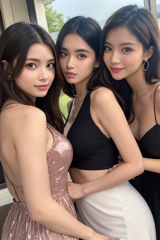 (flat_chest, 3girl:1.4), brown eyes, (cute smile:1.2), (highly detailed eyes, highly detailed face), (flat chest, Tube top:1.2), accessories, necklace, earrings, (hyper-realistic, hight resolution), (best Quality:1.4), model, Enchanting, beach, (Fine face:1.2),
