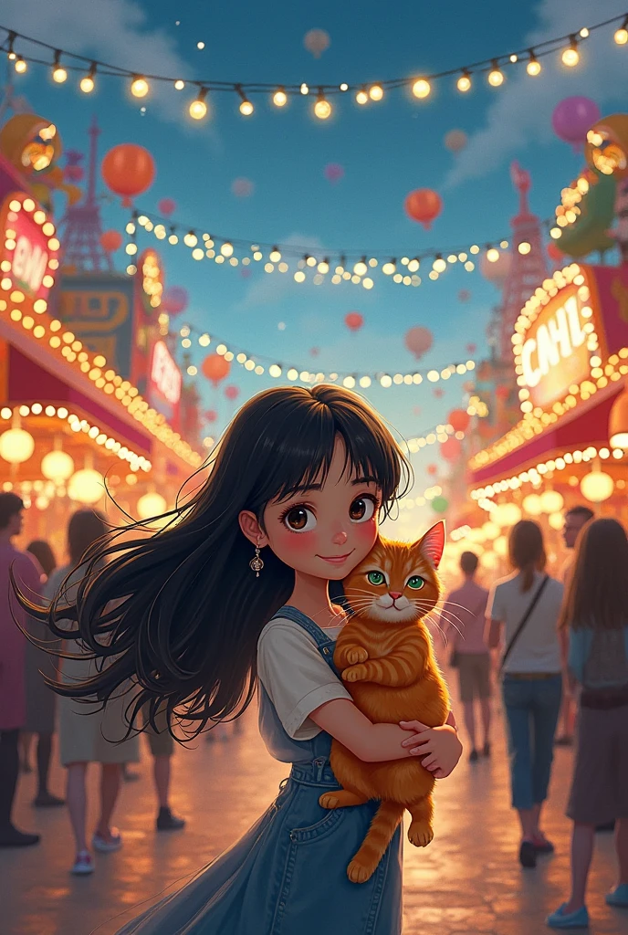 girl with black hair and her orange cat at a carnival with a lot of people