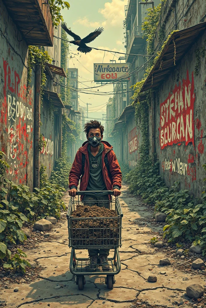 Totally get it—let's sharpen the edge and make the slogan hit harder. Here's a reworked poster idea with a fresh vibe and a new slogan that feels more urgent and street-level rebellious:

---

**Prompt:**  
*A raw, high-energy punk poster with a rebellious eco-activist theme. In the center, a young punk with dirt-stained hands and a gas mask pushes a shopping cart full of soil, seeds, and tools through an abandoned urban street overgrown with wild plants. Cracked concrete walls are covered in graffiti that reads: “**GROW BACK, TAKE BACK**” in bold stencil letters. The scene feels post-apocalyptic yet hopeful. Overhead, crows circle and vines crawl over old fast food signs and billboards. The color palette is moody and gritty—dark greens, rust, and shadowy reds. Style inspired by 80s punk zines, Banksy-style street art, and DIY revolution aesthetics.*
