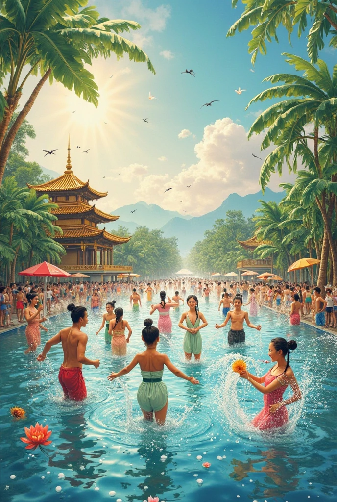 Picture style is painting，
【Scene composition】
watercolor style，Scenes of the Water Splashing Festival in Xishuangbanna，Traditional Dai bamboo building with upturned corners，Golden pagoda surrounded by palm trees，Giant banana leaves and other tropical plants， The square illuminated by the sun is full of laughing people，Crystal clear water droplets suspended in the air，Mountains in the distance are surrounded by mist
【Character News 】
Dressed in light pink/ The Dai girl in a mint green tube skirt rotates a silver waist chain， The man who beats the elephant-foot drum splashes water on the drum surface，ren holding painted water scoops，Smiling old woman holding a lotus lantern，Dynamic water tracks interweave among the crowd
【color style】
 Soft water stain techniques are used to express the  water texture，Aqua blue and emerald green blend in a gradient， Traditional costumes and gold ornaments have a moist sheen， Decorative flowers are dotted with coral pink and mango yellow， Delicate brushstrokes imitating the texture of rice paper can be seen
【Light and Shadow Ambience 】
 Sunlight penetrates the water curtain to form a prismatic rainbow，Banana leaf shadows cast soft light spots，Backlit water droplets glow like liquid amber， The morning mist naturally blends the morning glow with watercolor paint
【cultural details】
 Peacock outlines are hidden in the splashing water，Ripples reveal lotus patterns， Batik-style cloud patterns appear on wet fabrics，Dai symbols dissolved in the water， Crystal clear water droplets are linked together to form traditional silver ornament patterns