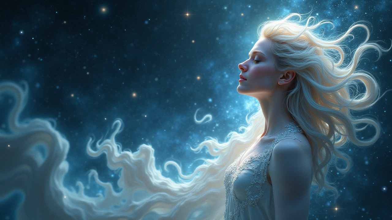 A cosmic female figure with ethereal flowing hair blending into the galaxy, soft light illuminating her face, deep space background with stars and nebulas, mystical and divine presence --ar 16:9
